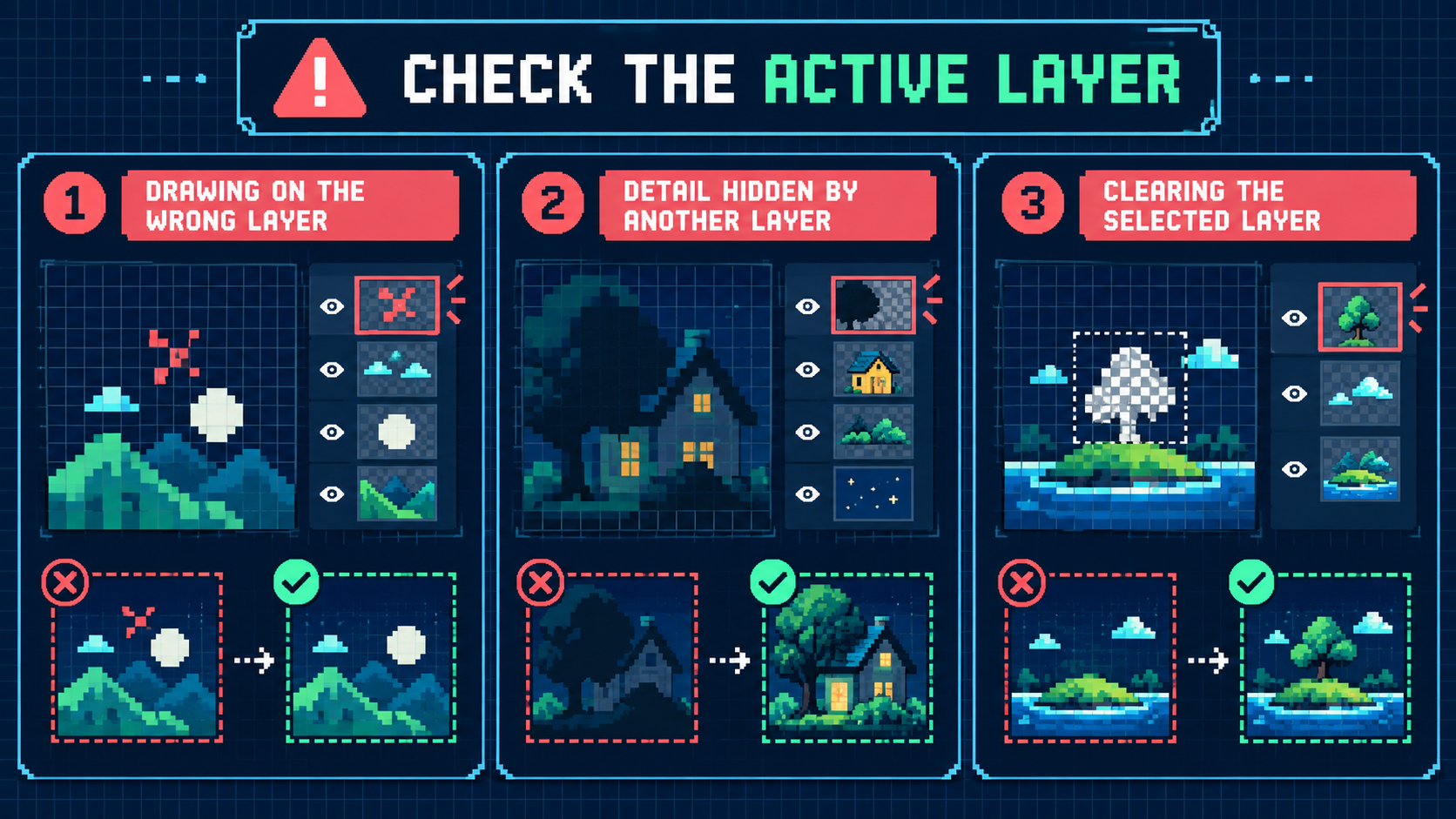 Three common active-layer mistakes shown as pixel grid diagrams