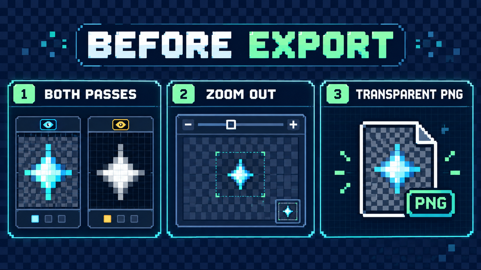 Checklist for reviewing both passes, zooming out, and exporting a transparent PNG