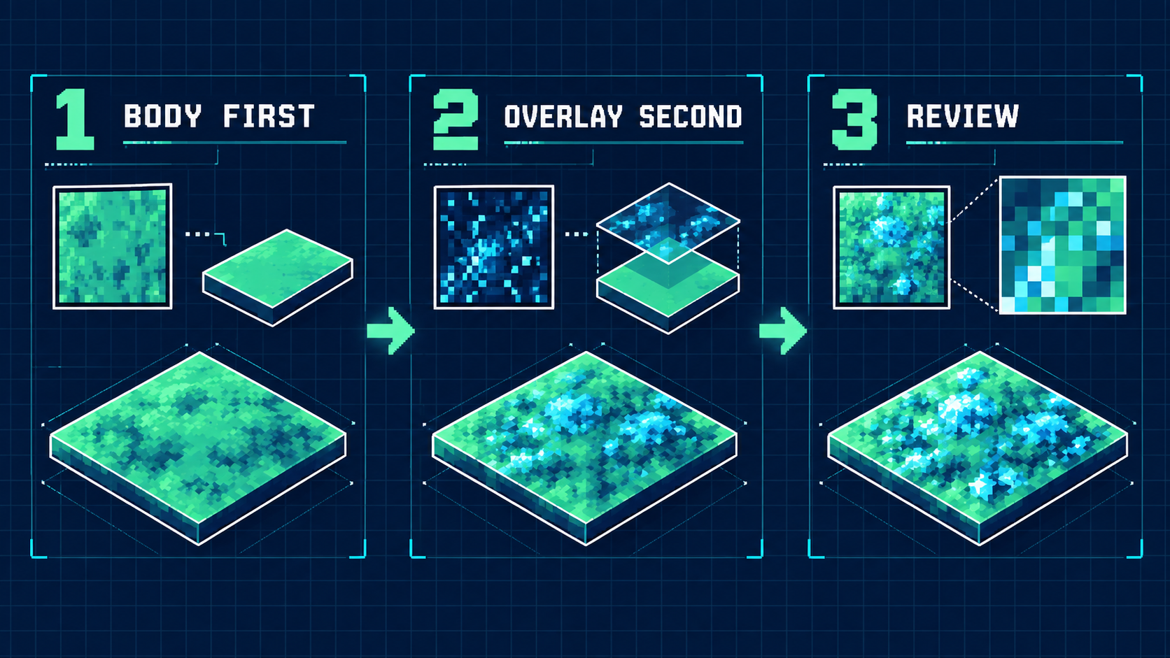 Three-step workflow: body first, overlay second, then review